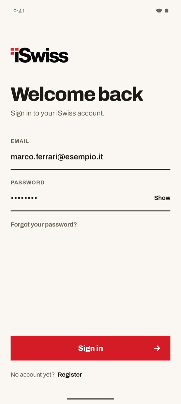 Screen of the iSwiss Pay app on Android