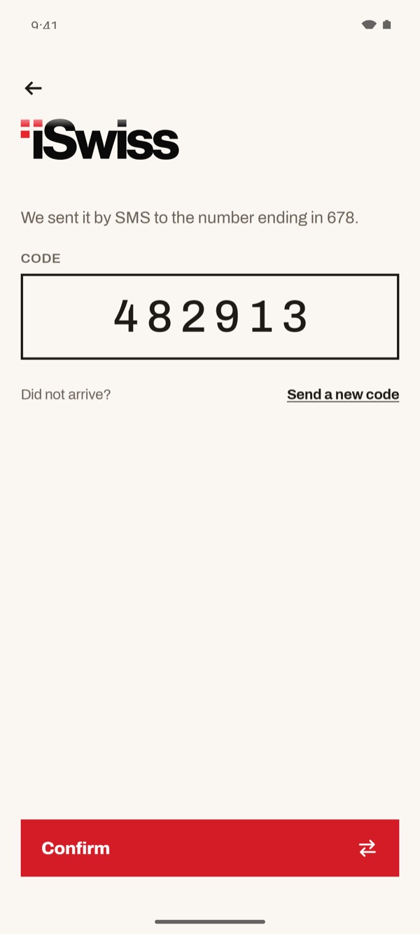 Screen of the iSwiss Pay app on Android
