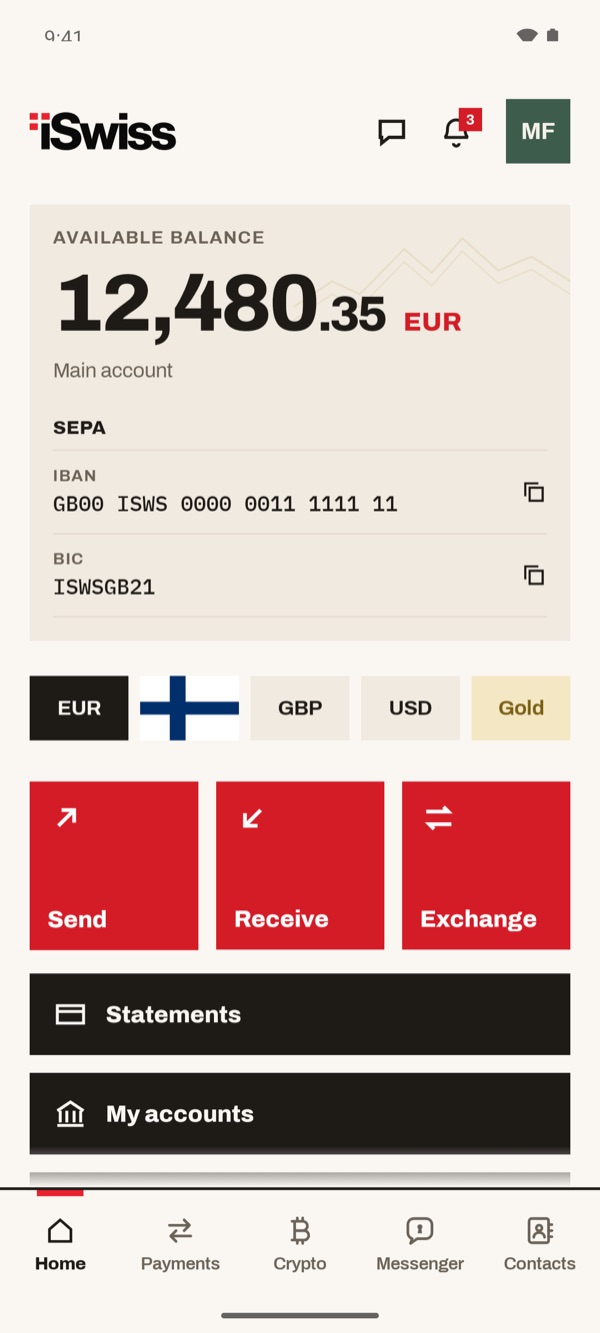 Screen of the iSwiss Pay app on Android