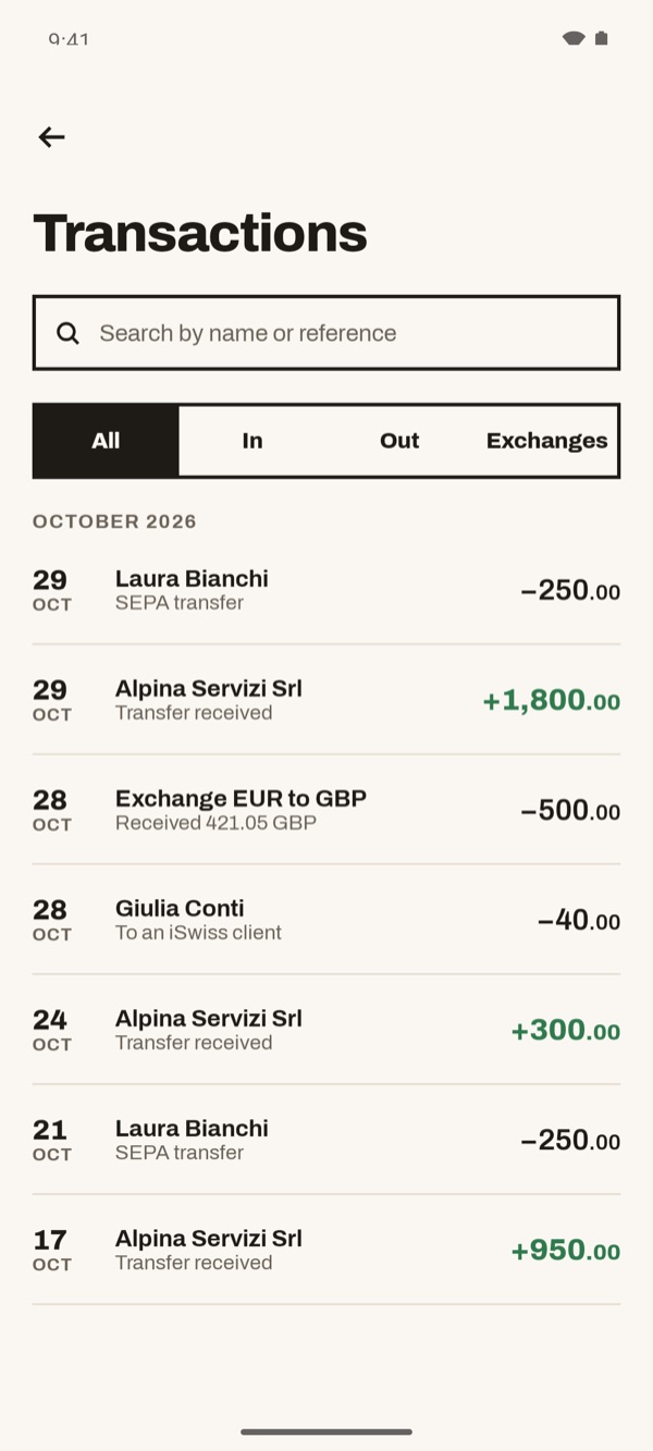 Screen of the iSwiss Pay app on Android