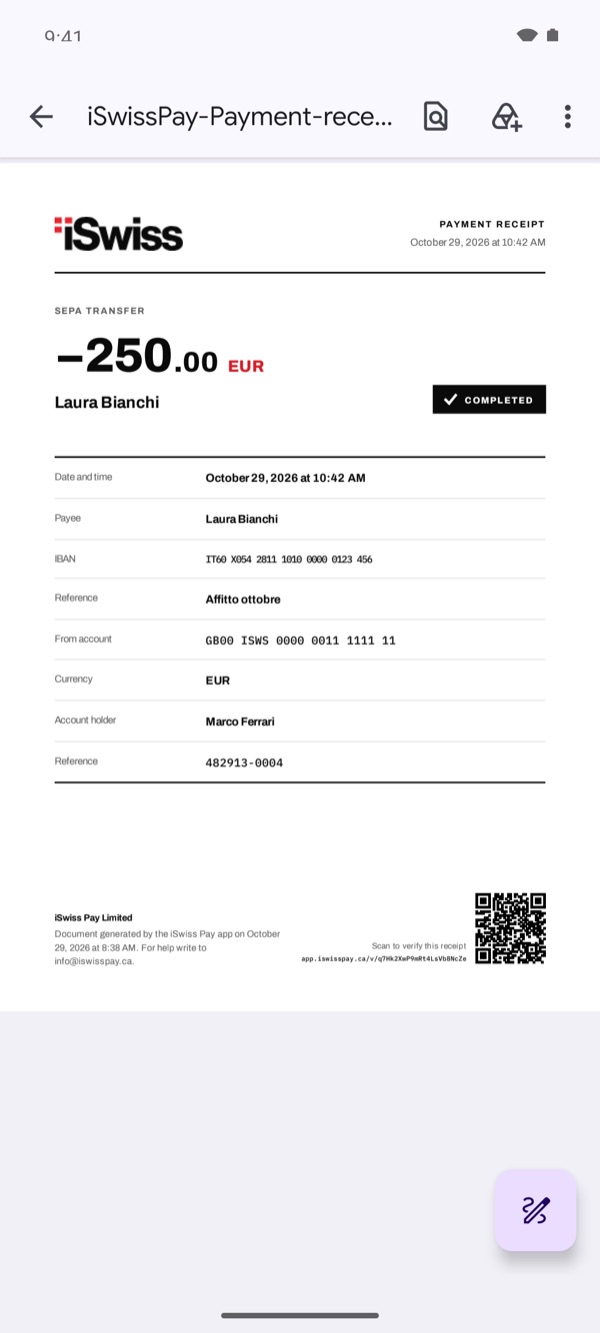 Screen of the iSwiss Pay app on Android