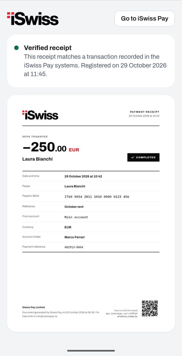Screen of the iSwiss Pay app on Android