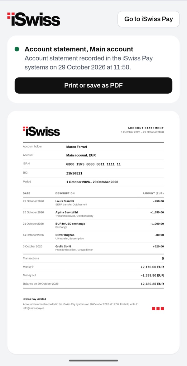 Screen of the iSwiss Pay app on Android