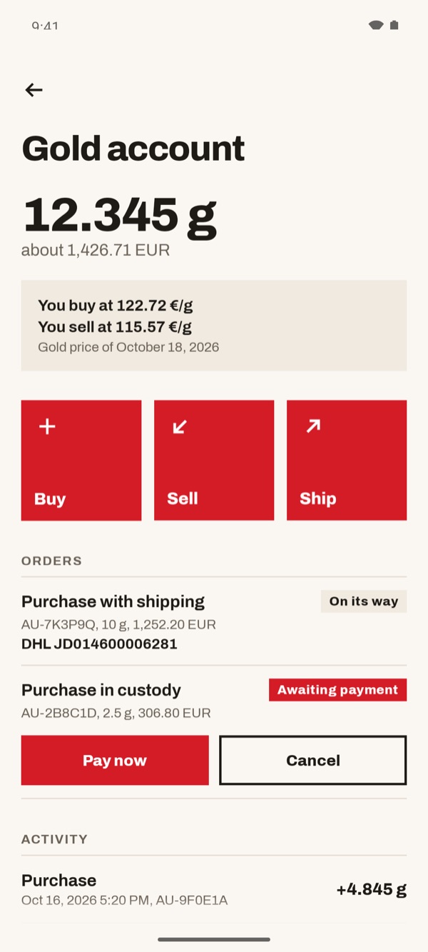 Screen of the iSwiss Pay app on Android