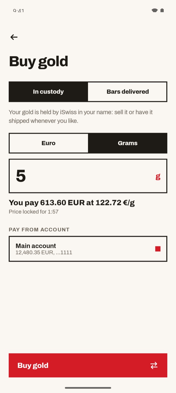 Screen of the iSwiss Pay app on Android