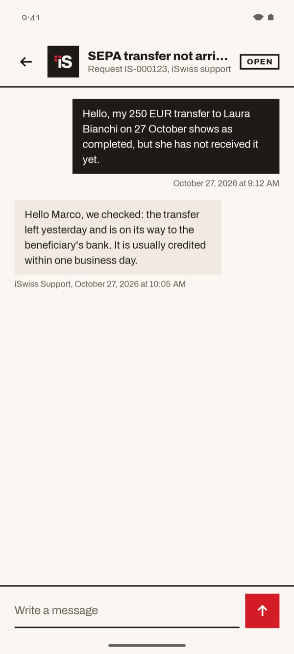 Screen of the iSwiss Pay app on Android