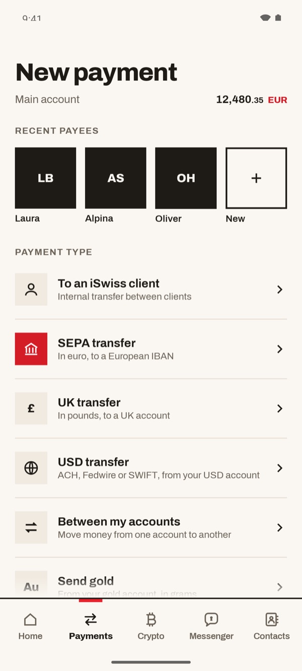 Screen of the iSwiss Pay app on Android