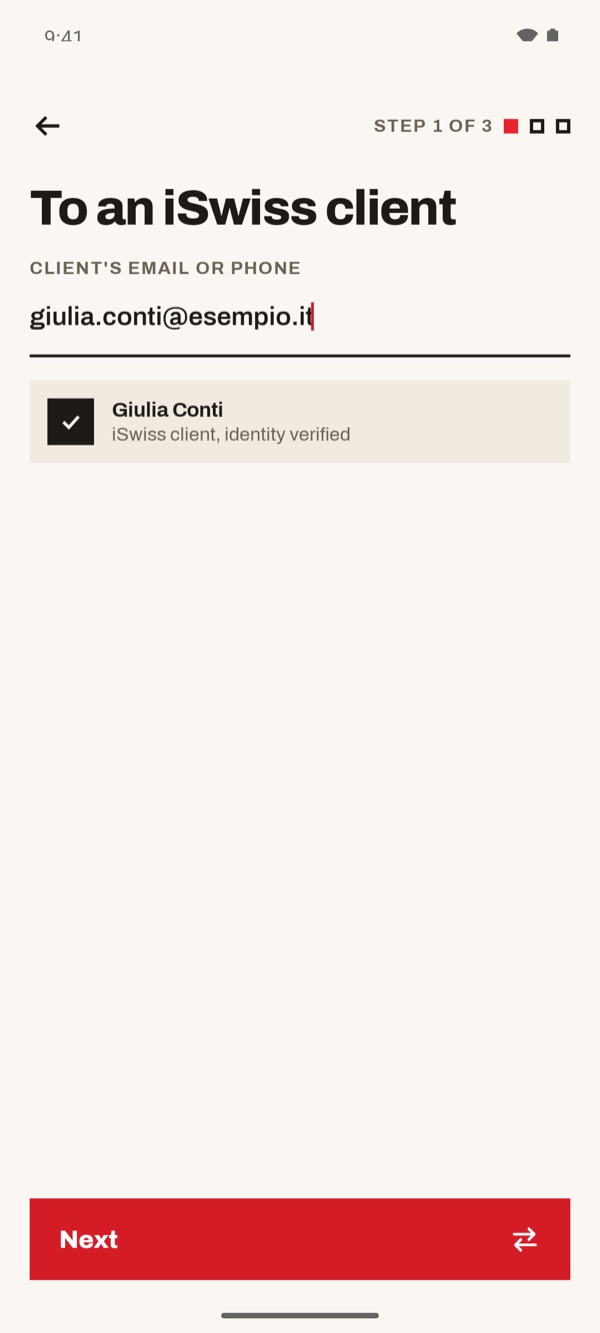 Screen of the iSwiss Pay app on Android