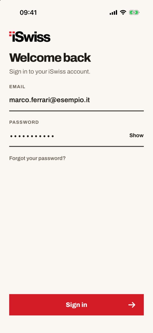 Screen of the iSwiss Pay app on iPhone