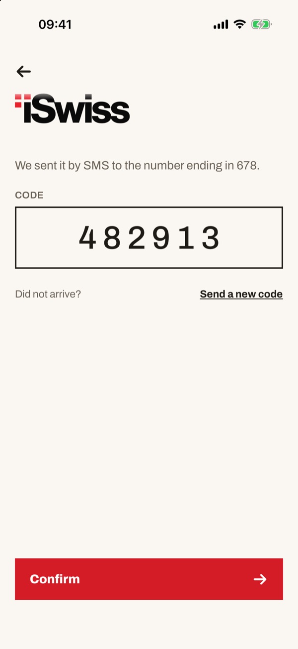 Screen of the iSwiss Pay app on iPhone
