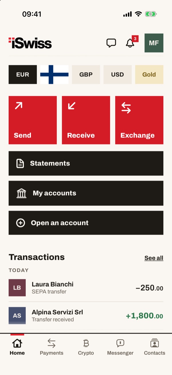 Screen of the iSwiss Pay app on iPhone