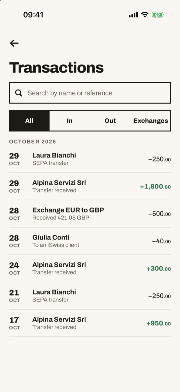 Screen of the iSwiss Pay app on iPhone
