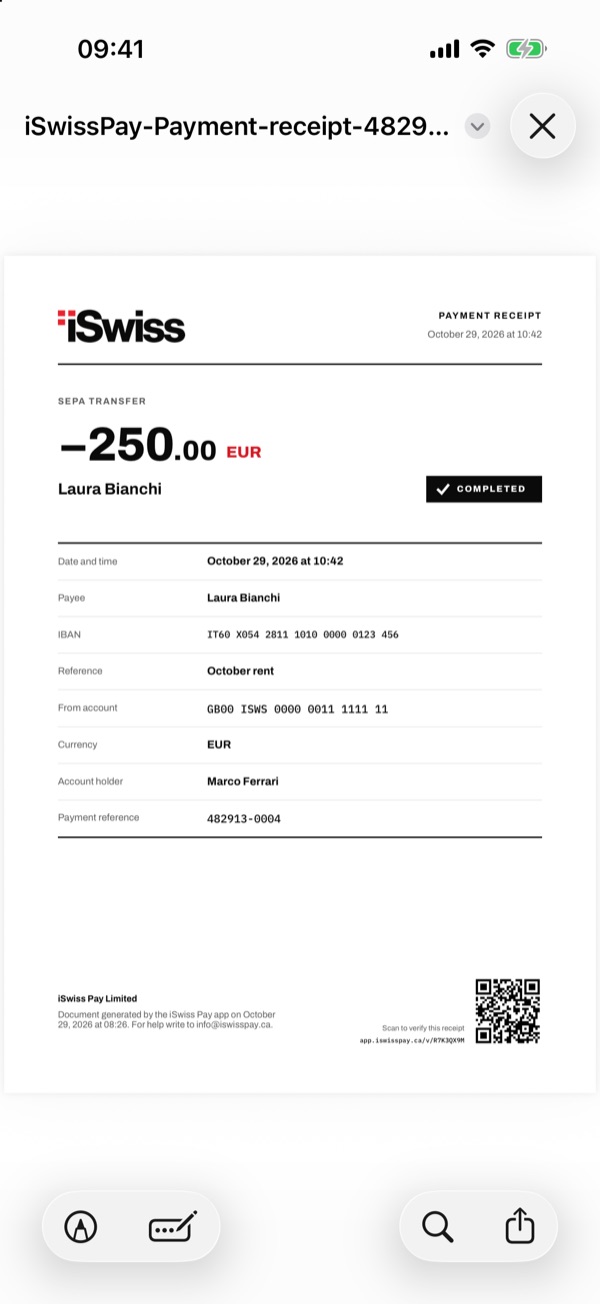 Screen of the iSwiss Pay app on iPhone