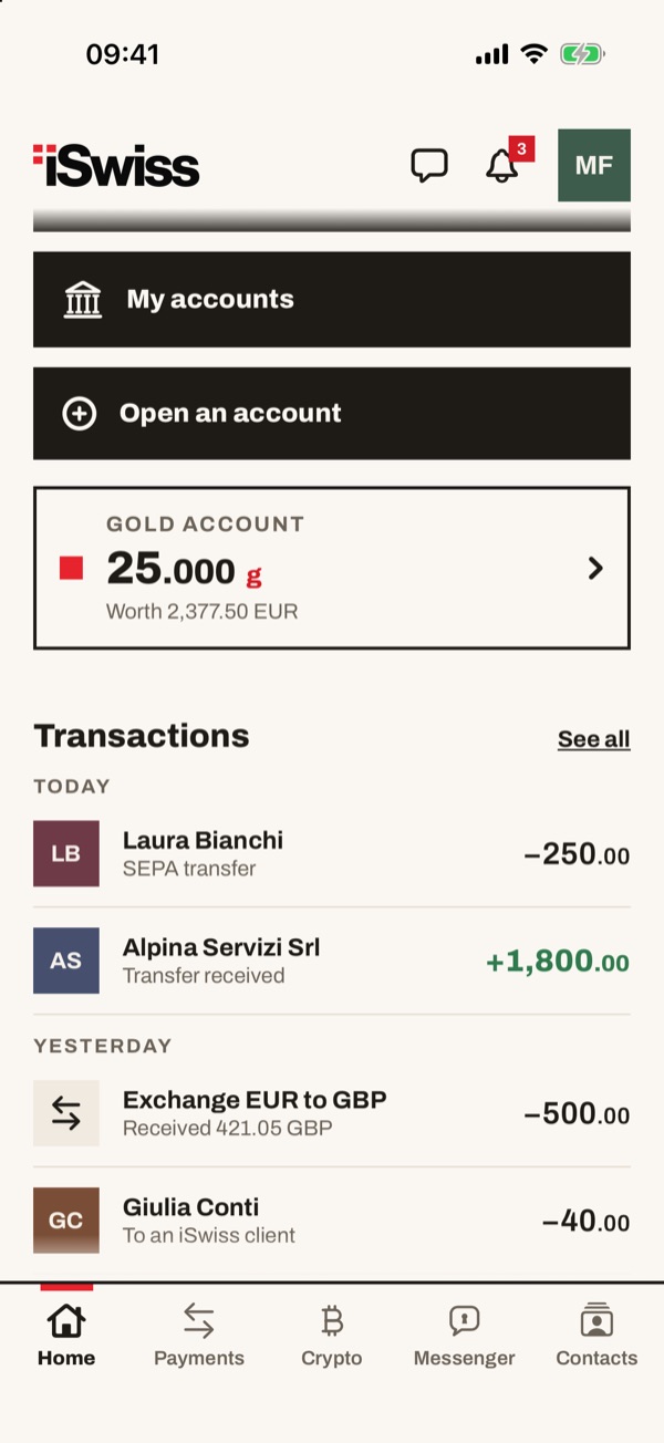 Screen of the iSwiss Pay app on iPhone
