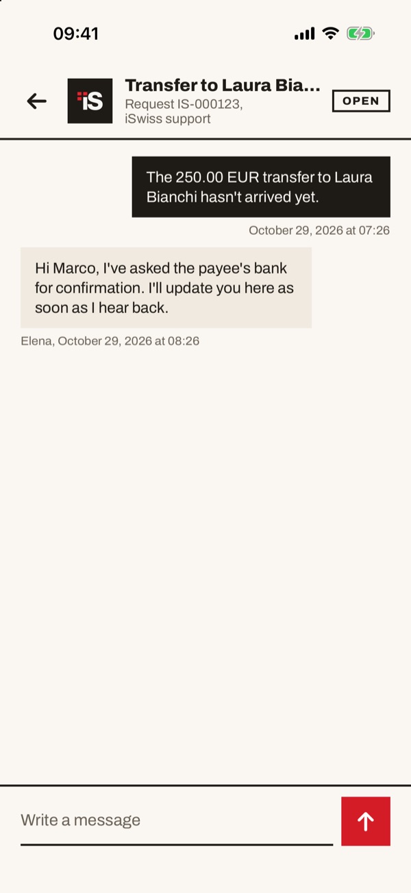 Screen of the iSwiss Pay app on iPhone