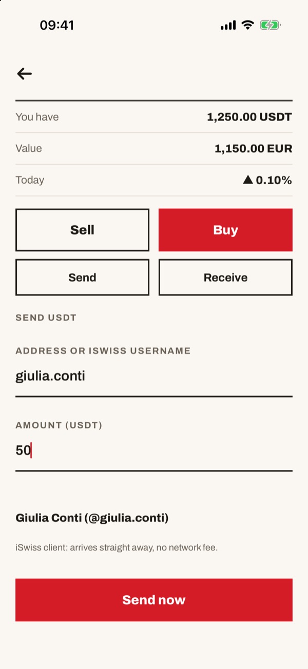Screen of the iSwiss Pay app on iPhone