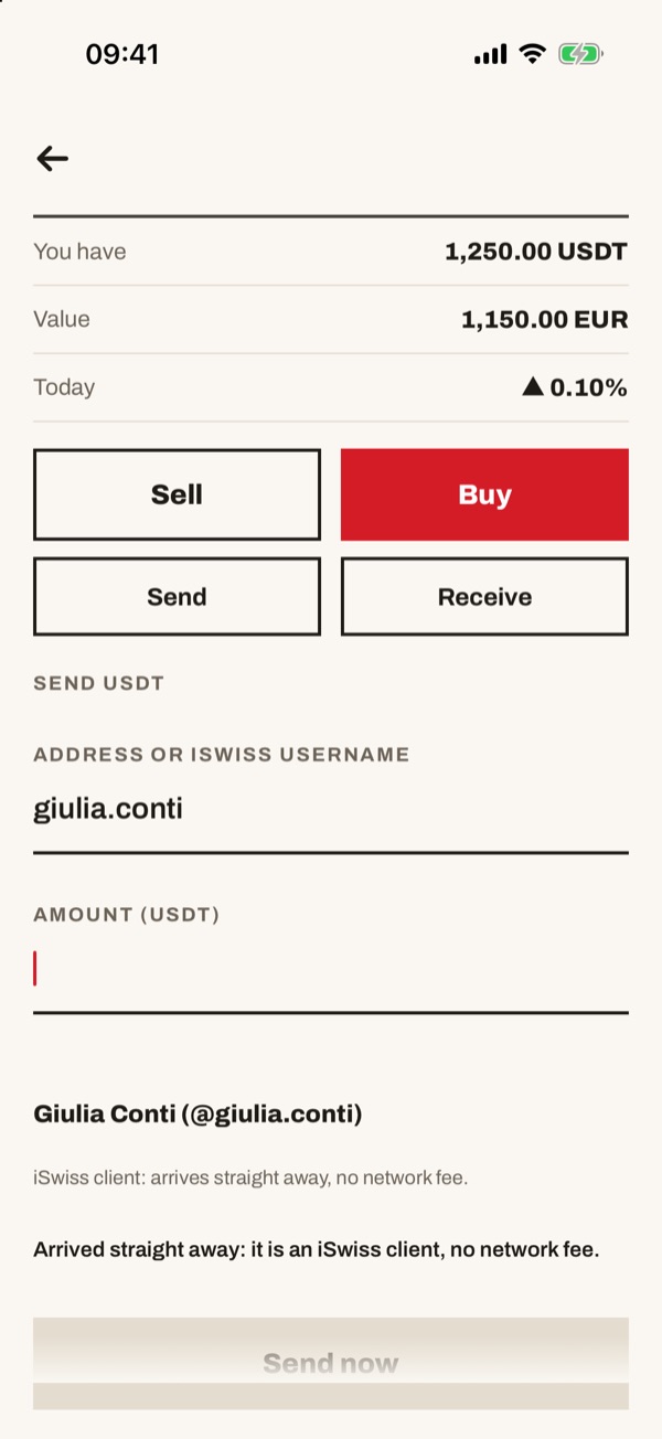Screen of the iSwiss Pay app on iPhone