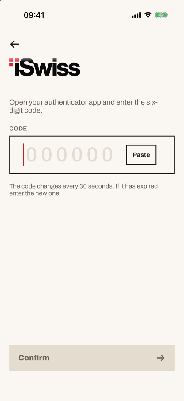 Screen of the iSwiss Pay app on iPhone