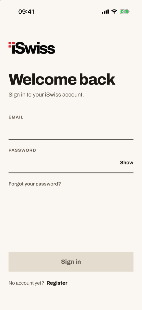 Screen of the iSwiss Pay app on iPhone