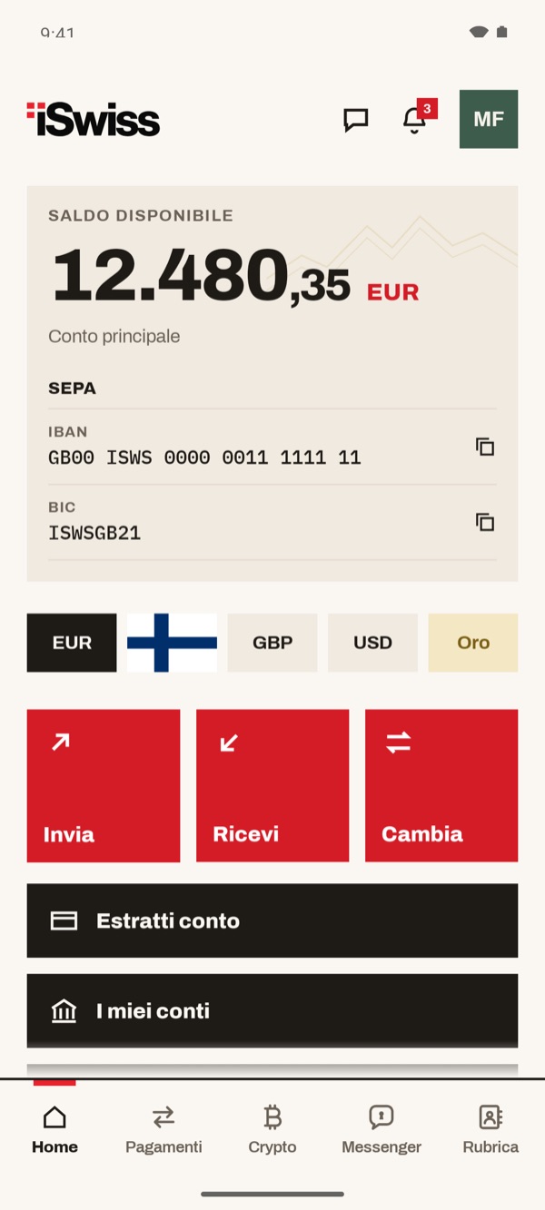 Schermata dell'app iSwiss Pay su Android