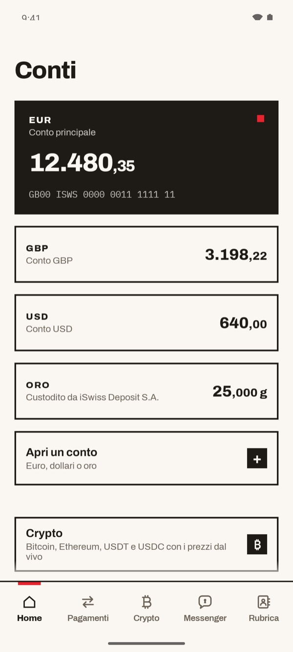 Schermata dell'app iSwiss Pay su Android
