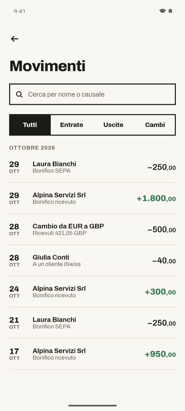 Schermata dell'app iSwiss Pay su Android
