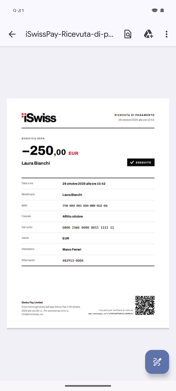 Schermata dell'app iSwiss Pay su Android