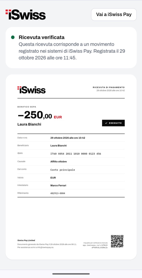 Schermata dell'app iSwiss Pay su Android
