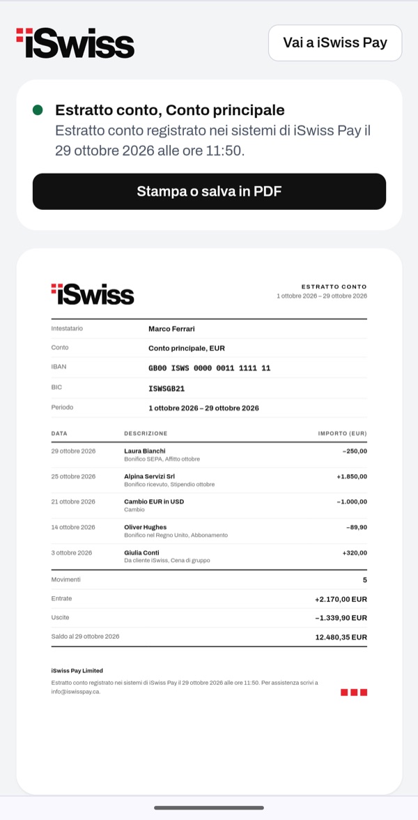 Schermata dell'app iSwiss Pay su Android