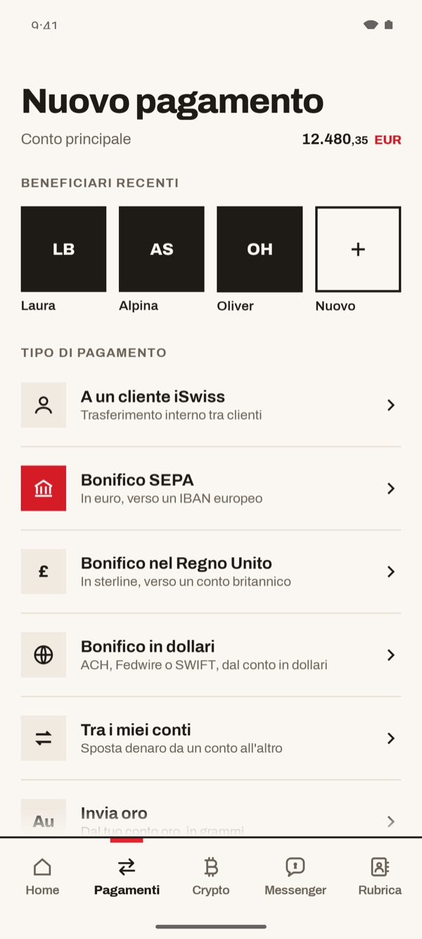 Schermata dell'app iSwiss Pay su Android