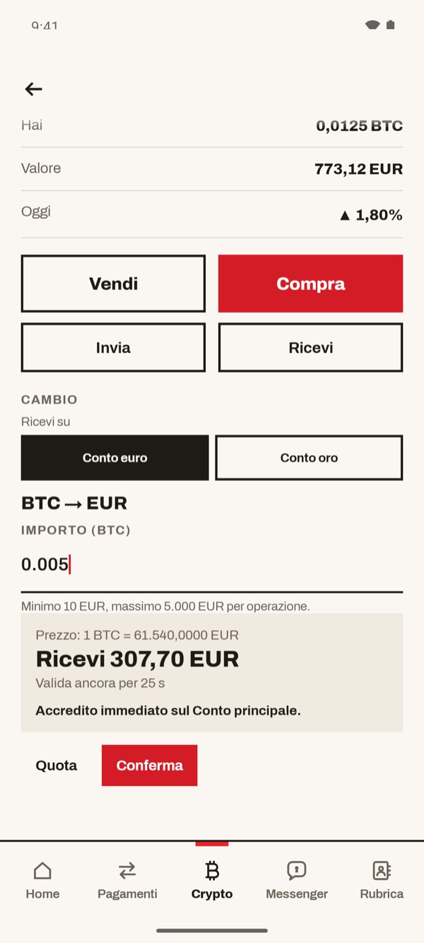 Schermata dell'app iSwiss Pay su Android
