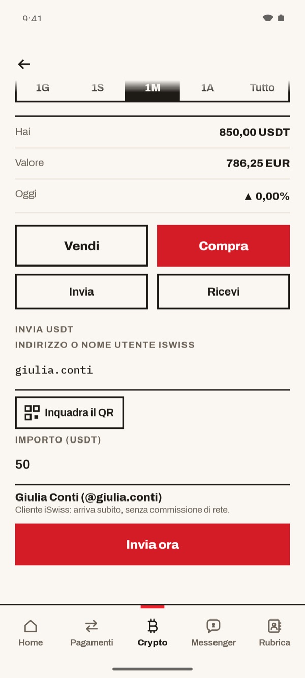 Schermata dell'app iSwiss Pay su Android