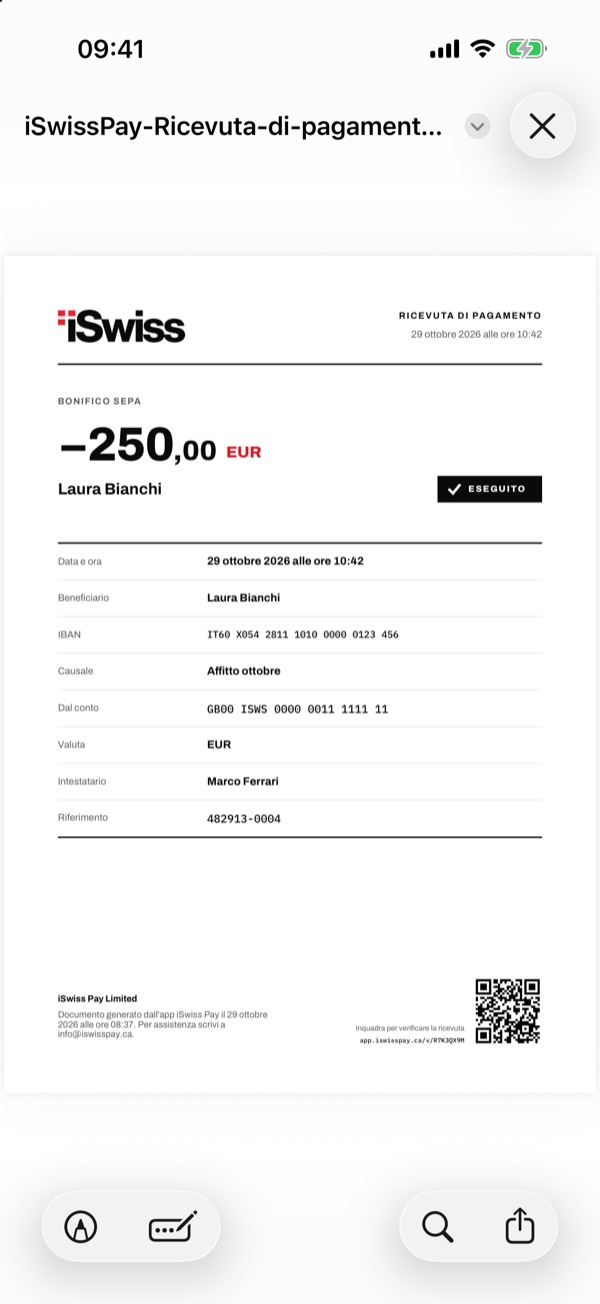 Schermata dell'app iSwiss Pay su iPhone